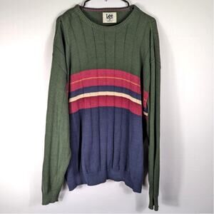 Lee Sport XL USA Made Cotton Sweater Green Multicolor Stripe 90s Vintage Knit